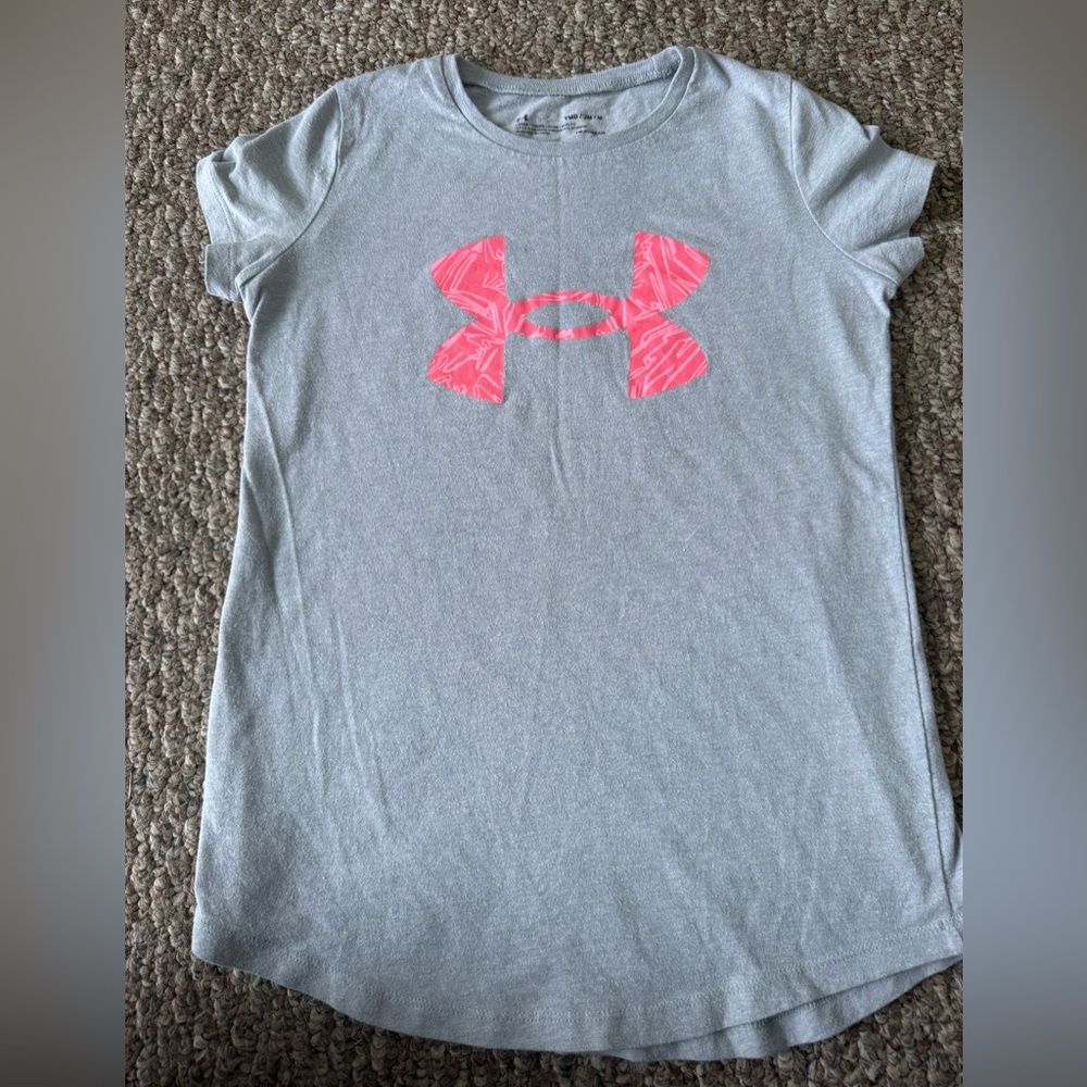 Under Armour Kids Light Gray Tee with Pink Logo